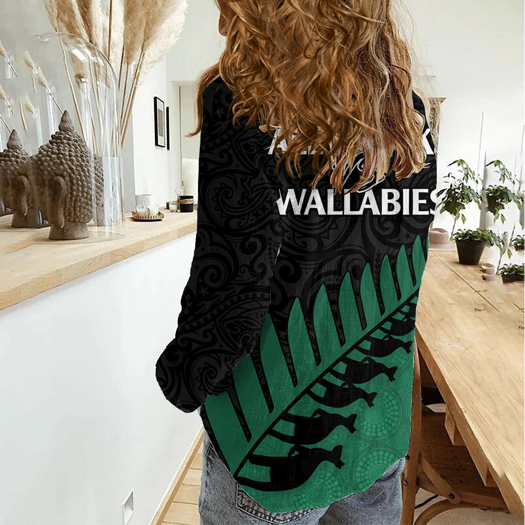 Australia Wallabies and Aotearoa Rugby Women Casual Shirt Kangaroo Black Fern Maori Green Vibe LT9