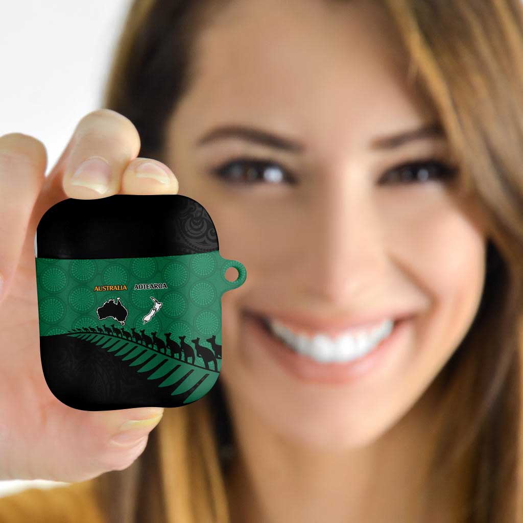 Australia New Zealand Rugby AirPods Case Green Aboriginal Wallabies and Maori Black Fern - Aussie Hoodie
