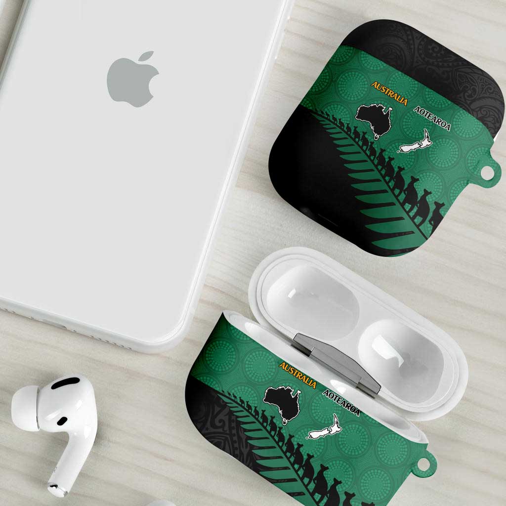 Australia New Zealand Rugby AirPods Case Green Aboriginal Wallabies and Maori Black Fern - Aussie Hoodie
