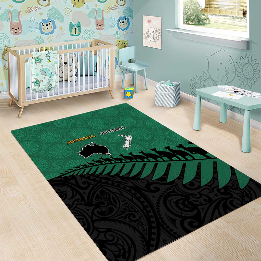 Australia New Zealand Rugby Area Rug Green Aboriginal Wallabies and Maori Black Fern - Aussie Hoodie