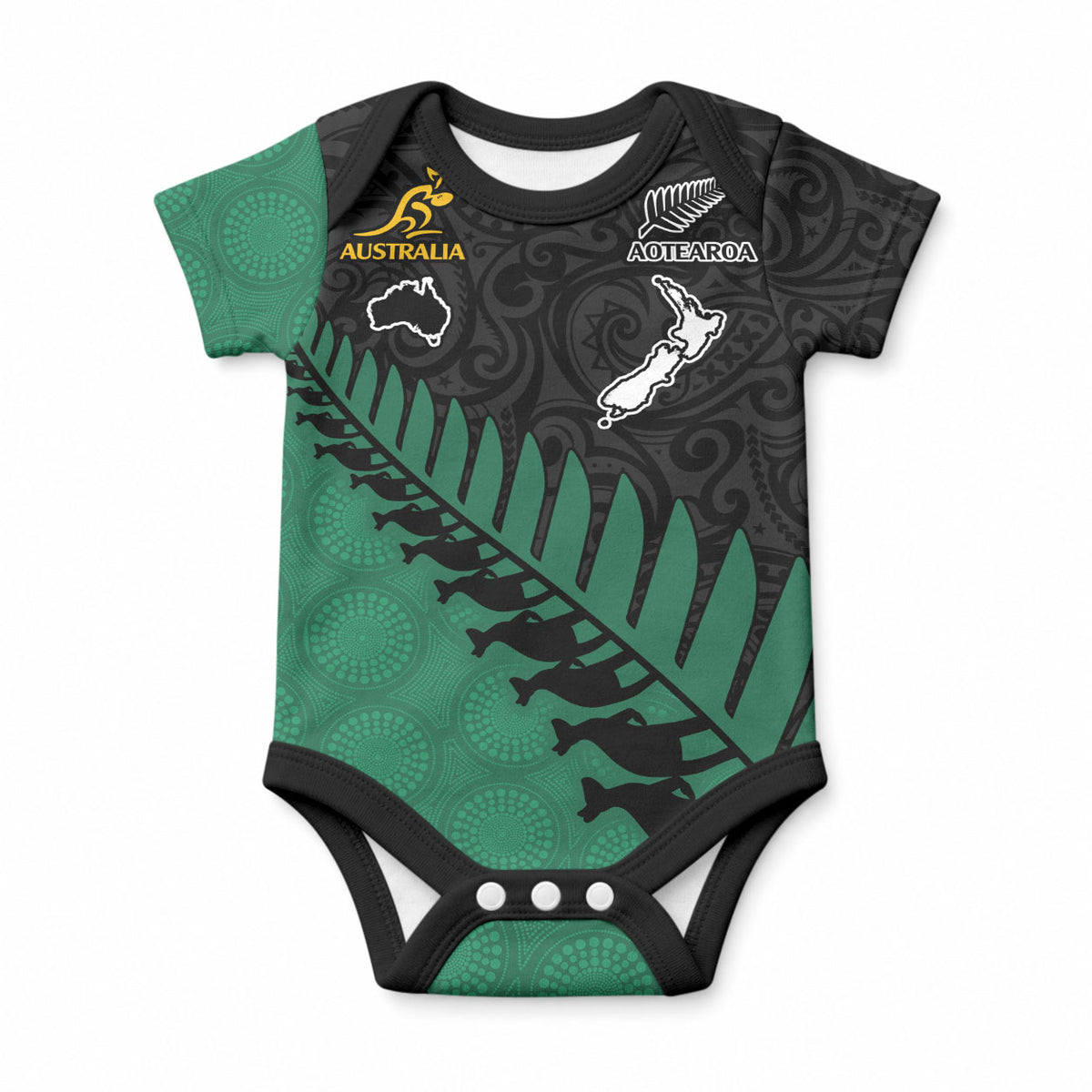 Custom Australia Wallabies and Aotearoa Rugby Baby Onesie Kangaroo Black Fern Maori Green Vibe