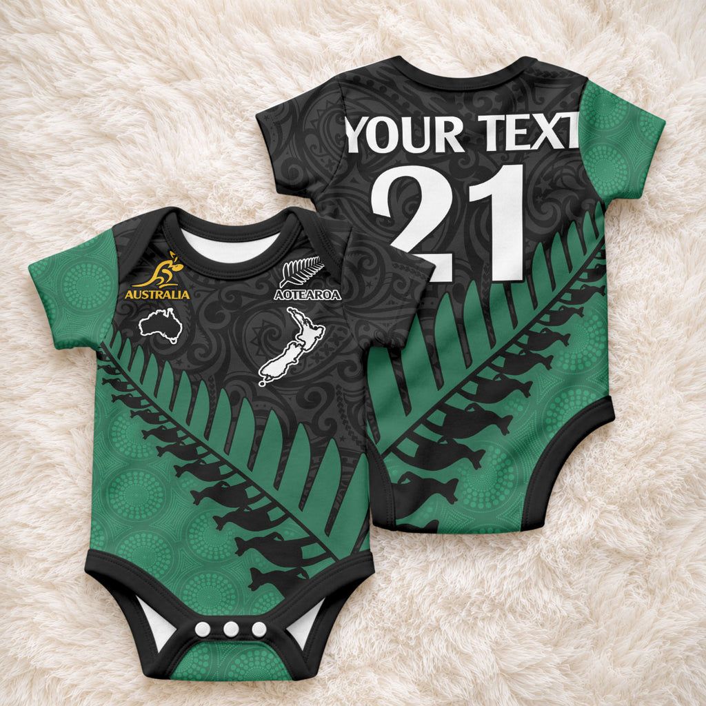 Custom Australia Wallabies and Aotearoa Rugby Baby Onesie Kangaroo Black Fern Maori Green Vibe