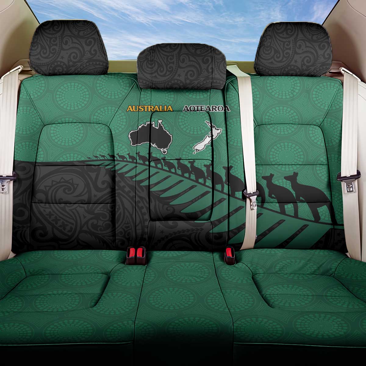Australia New Zealand Rugby Back Car Seat Cover Green Aboriginal Wallabies and Maori Black Fern - Aussie Hoodie