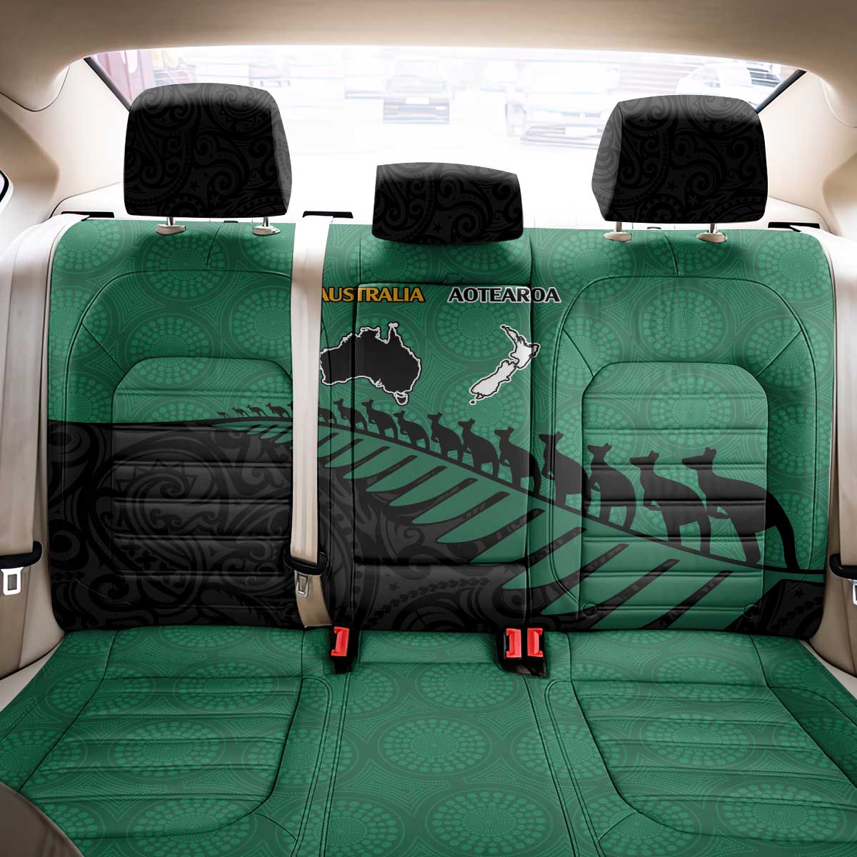 Australia New Zealand Rugby Back Car Seat Cover Green Aboriginal Wallabies and Maori Black Fern - Aussie Hoodie