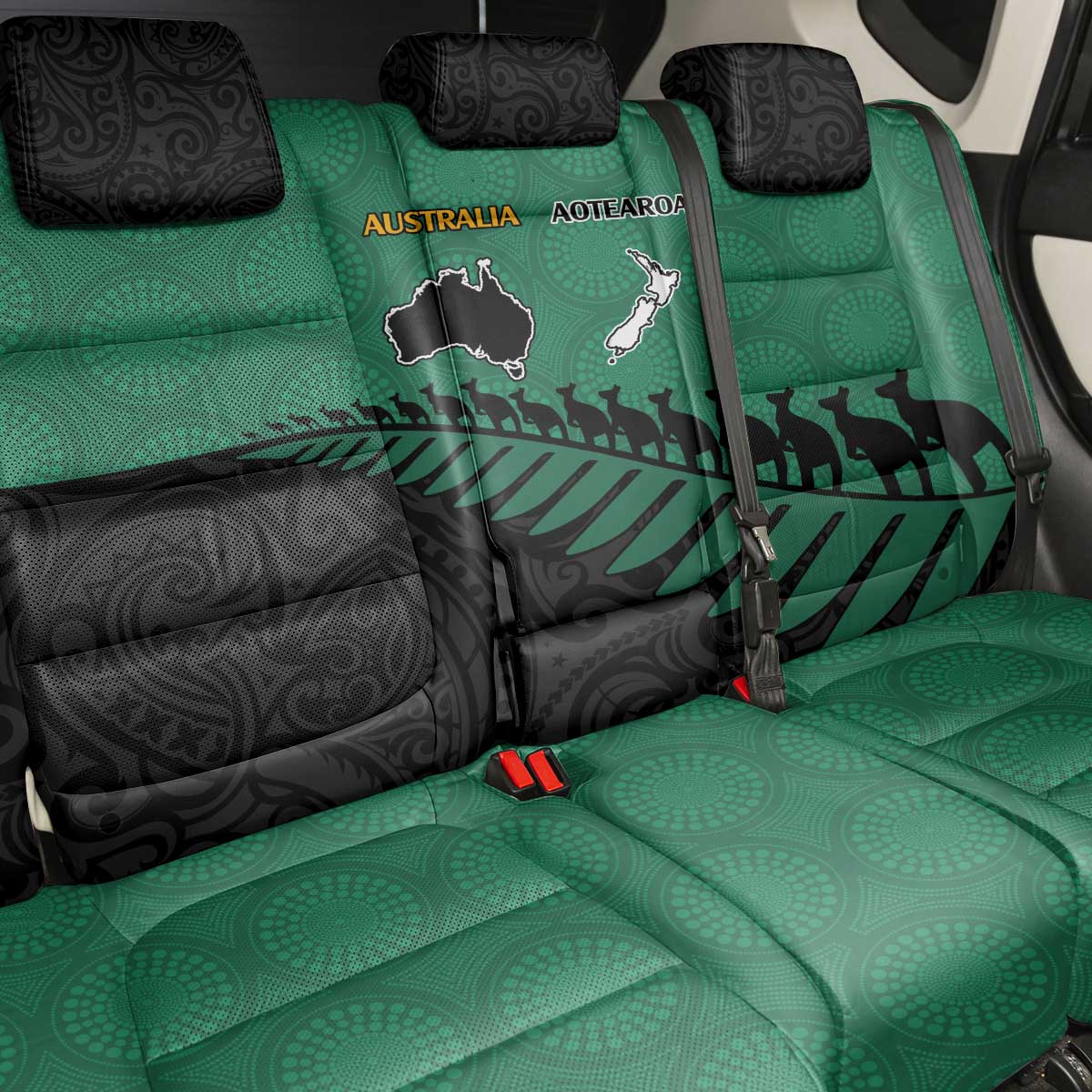 Australia New Zealand Rugby Back Car Seat Cover Green Aboriginal Wallabies and Maori Black Fern - Aussie Hoodie