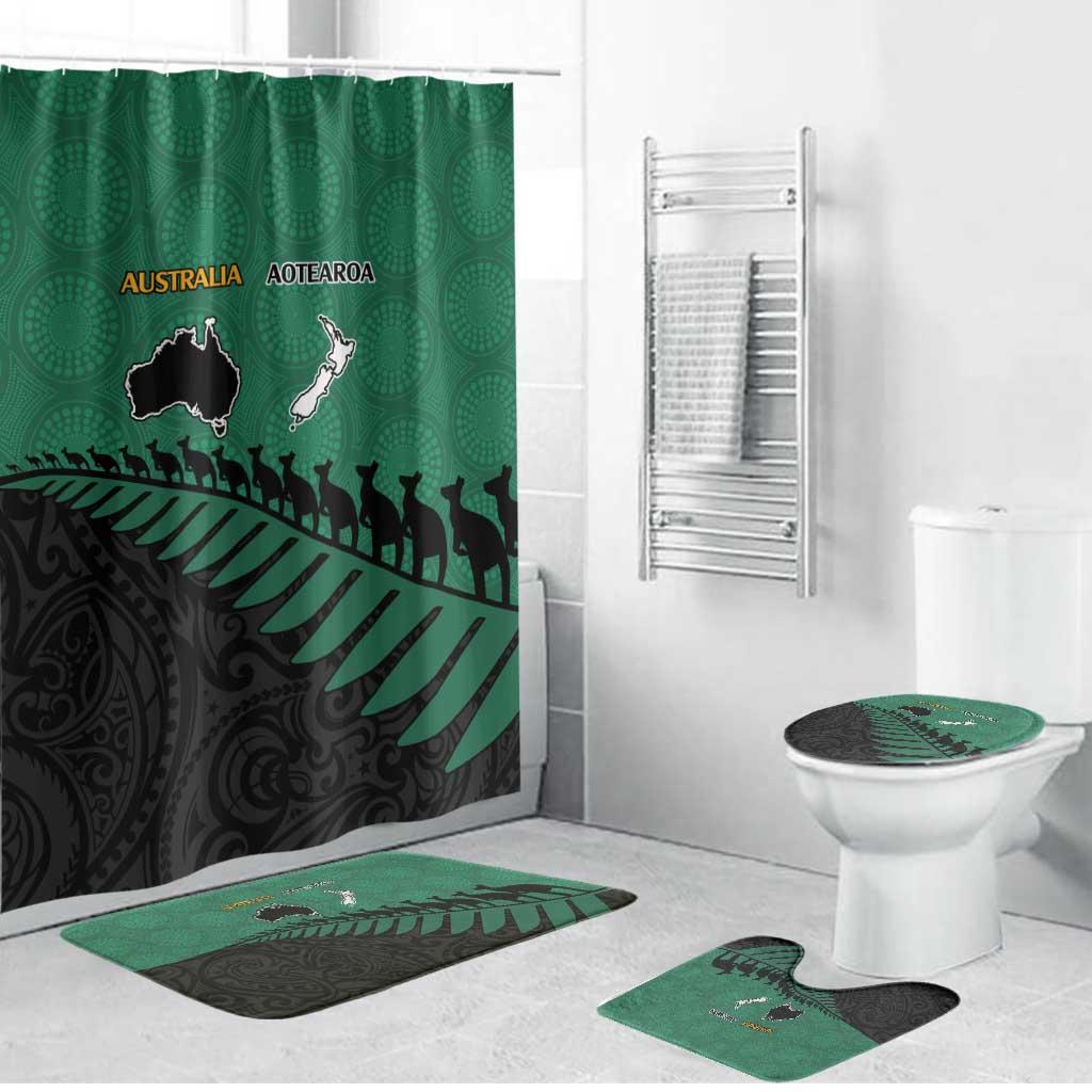 Australia New Zealand Rugby Bathroom Set Green Aboriginal Wallabies and Maori Black Fern - Aussie Hoodie