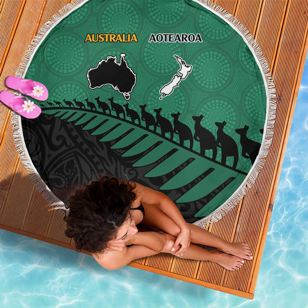 Australia New Zealand Rugby Beach Blanket Green Aboriginal Wallabies and Maori Black Fern - Aussie Hoodie