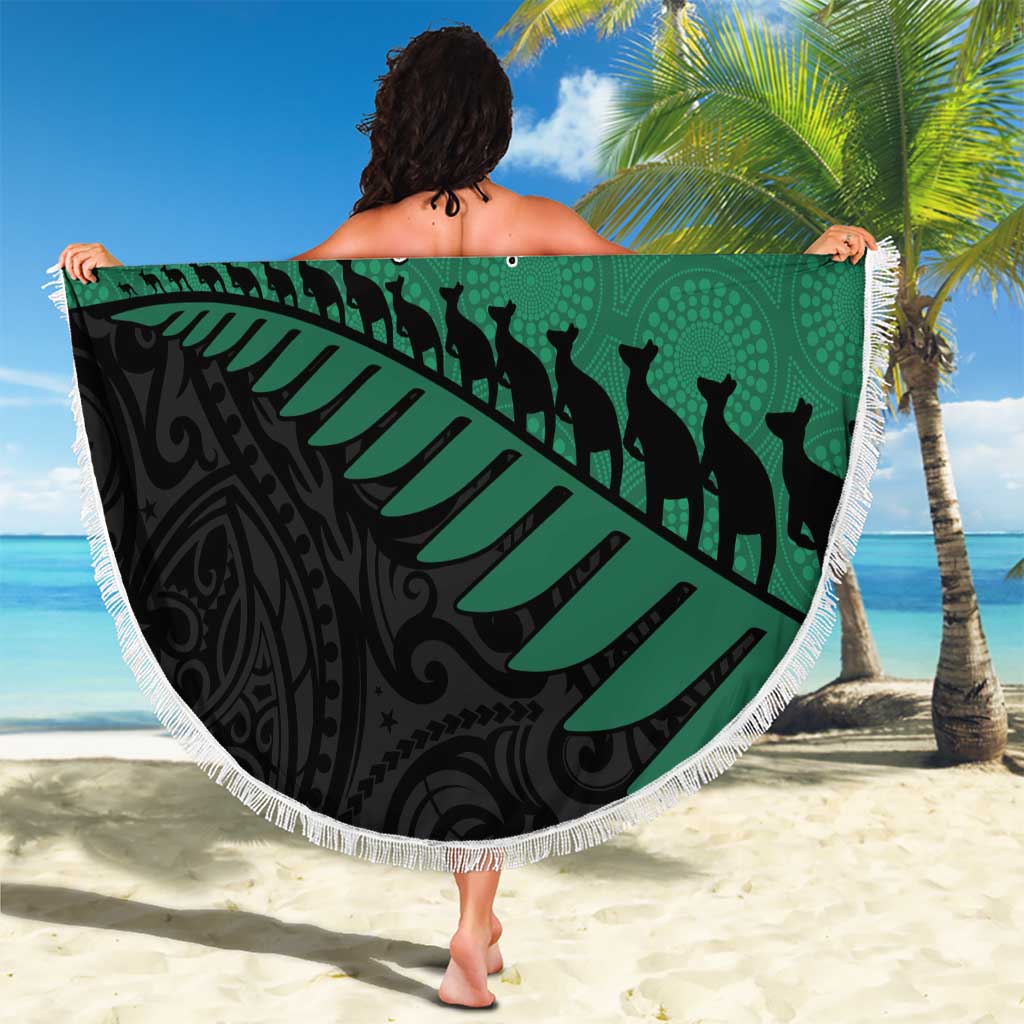 Australia New Zealand Rugby Beach Blanket Green Aboriginal Wallabies and Maori Black Fern - Aussie Hoodie