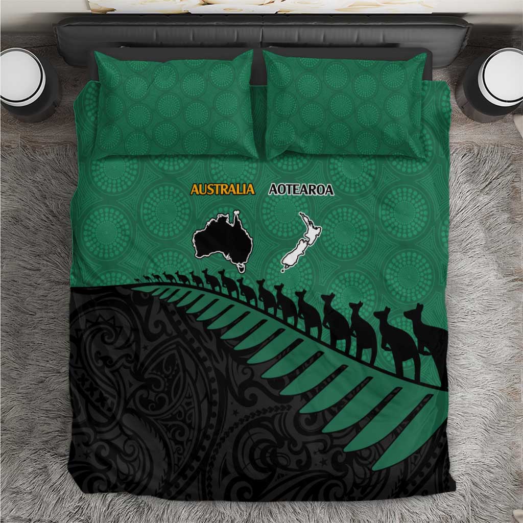Australia New Zealand Rugby Bedding Set Green Aboriginal Wallabies and Maori Black Fern - Aussie Hoodie