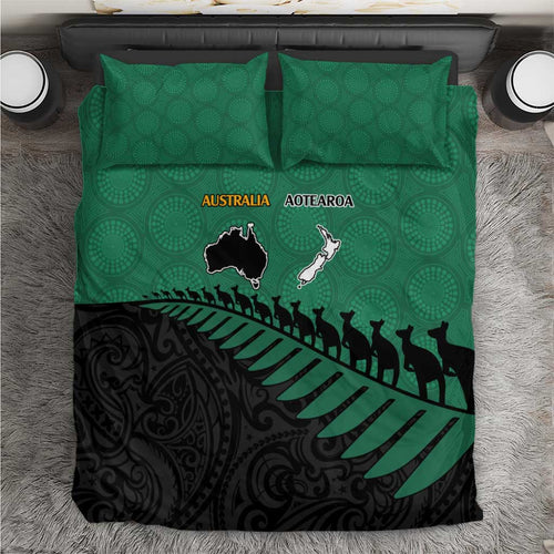 Australia New Zealand Rugby Bedding Set Green Aboriginal Wallabies and Maori Black Fern - Aussie Hoodie