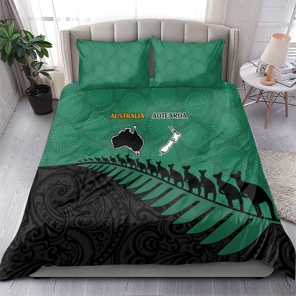 Australia New Zealand Rugby Bedding Set Green Aboriginal Wallabies and Maori Black Fern - Aussie Hoodie