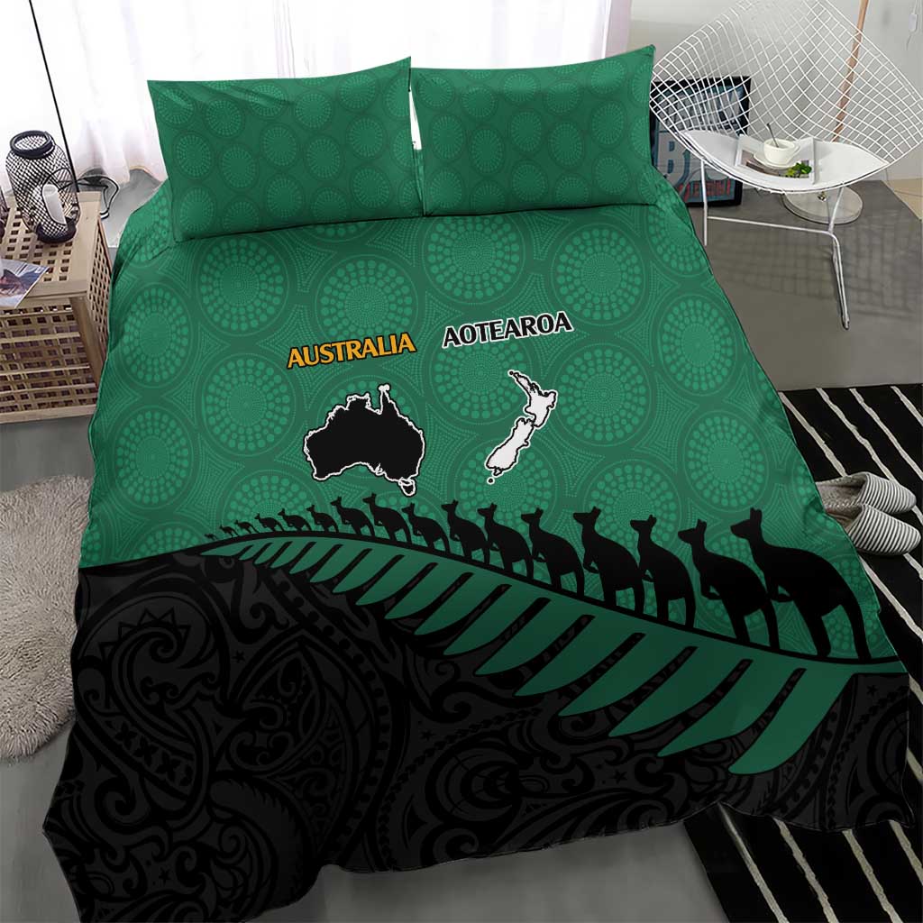 Australia New Zealand Rugby Bedding Set Green Aboriginal Wallabies and Maori Black Fern - Aussie Hoodie