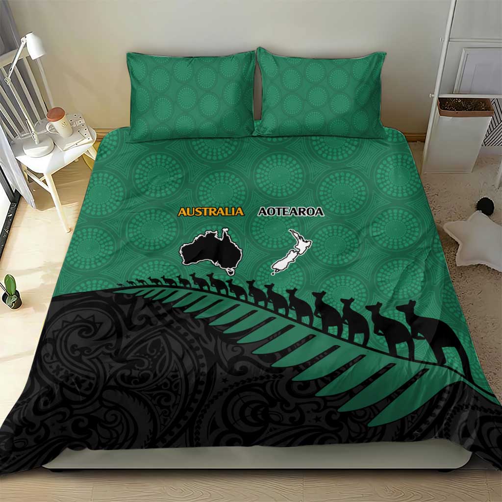 Australia New Zealand Rugby Bedding Set Green Aboriginal Wallabies and Maori Black Fern - Aussie Hoodie