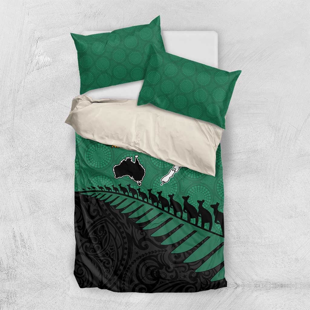 Australia New Zealand Rugby Bedding Set Green Aboriginal Wallabies and Maori Black Fern - Aussie Hoodie