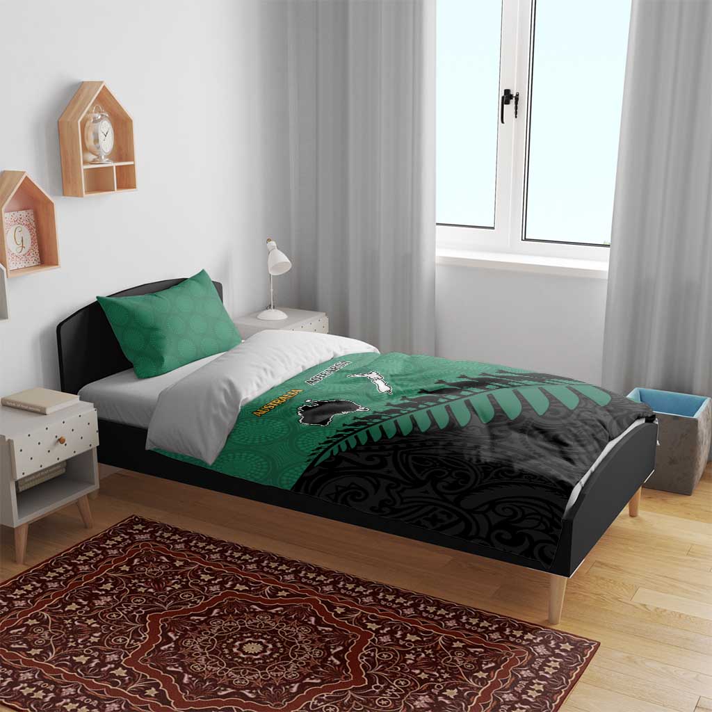 Australia New Zealand Rugby Bedding Set Green Aboriginal Wallabies and Maori Black Fern - Aussie Hoodie