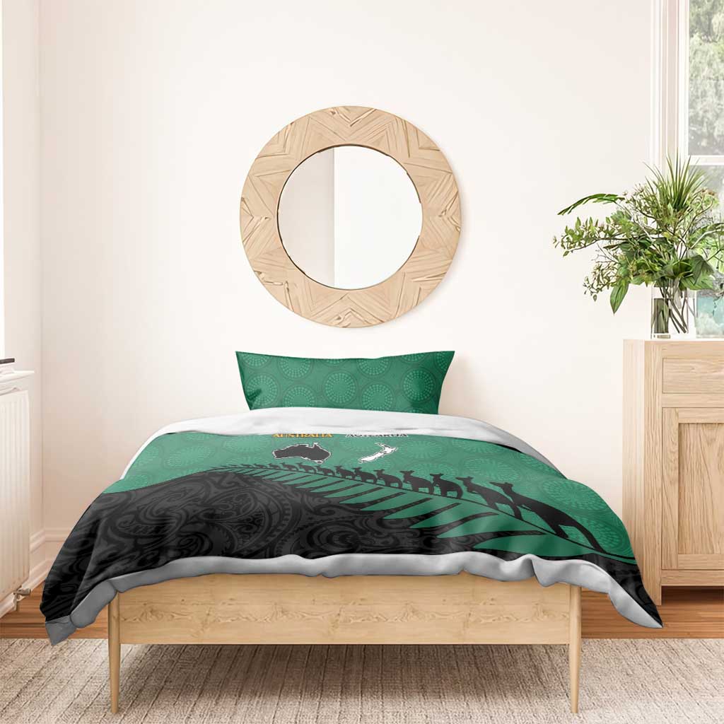 Australia New Zealand Rugby Bedding Set Green Aboriginal Wallabies and Maori Black Fern - Aussie Hoodie
