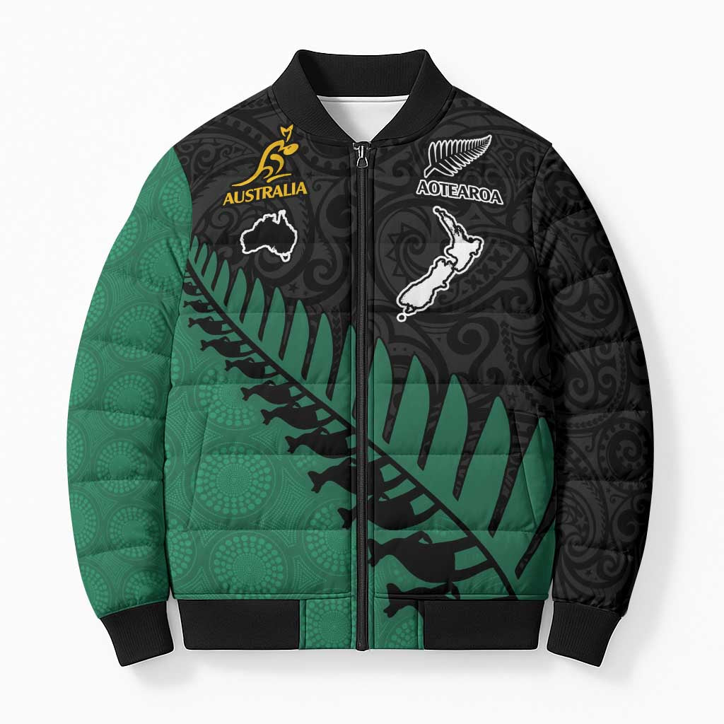Australia New Zealand Rugby Bomber Puffer Jacket Green Aboriginal Wallabies and Maori Black Fern - Aussie Hoodie