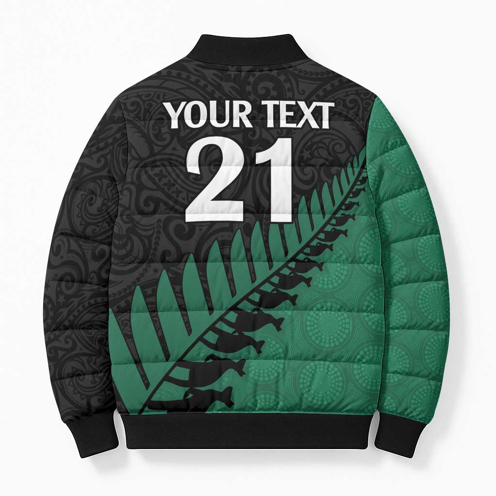 Australia New Zealand Rugby Bomber Puffer Jacket Green Aboriginal Wallabies and Maori Black Fern - Aussie Hoodie