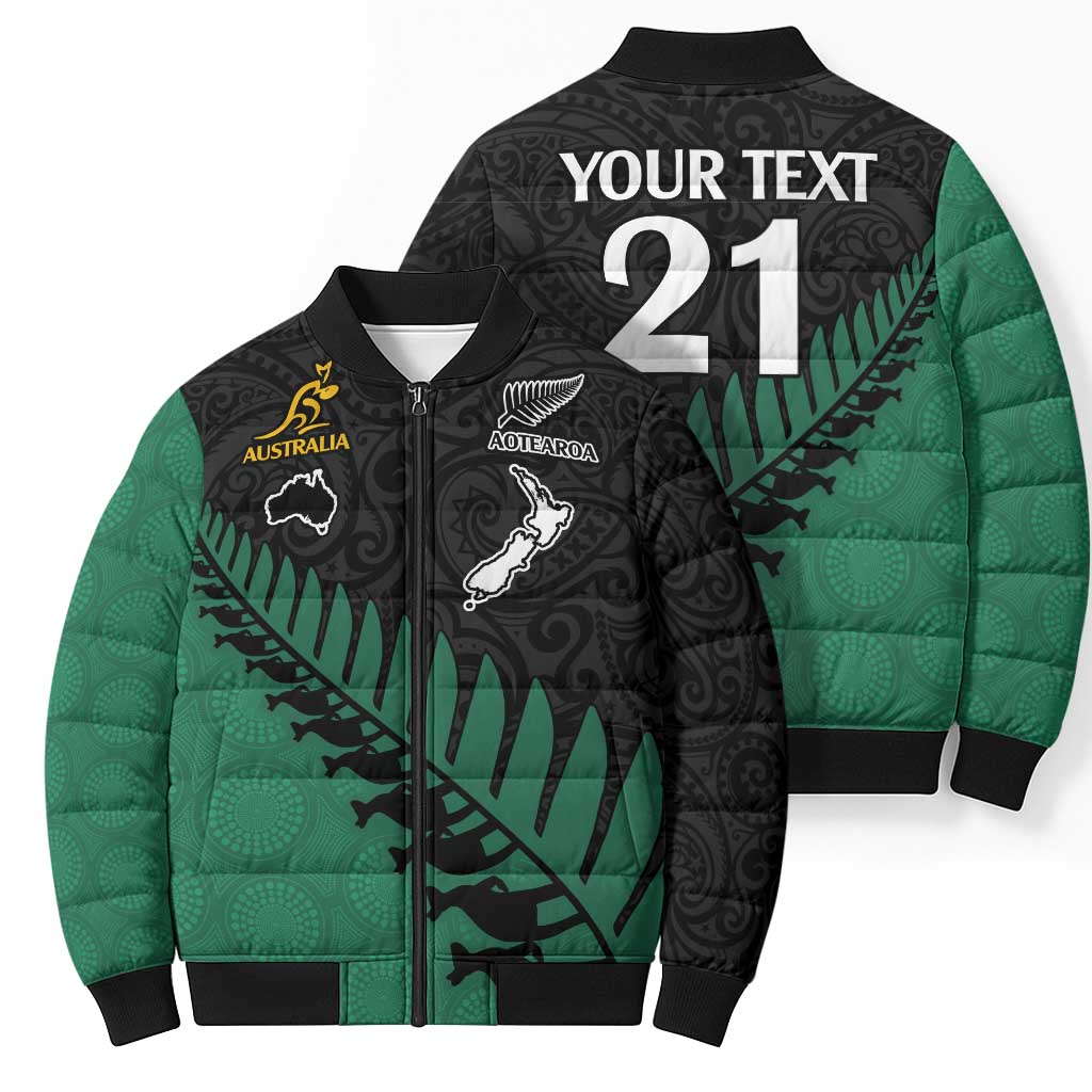 Australia New Zealand Rugby Bomber Puffer Jacket Green Aboriginal Wallabies and Maori Black Fern - Aussie Hoodie