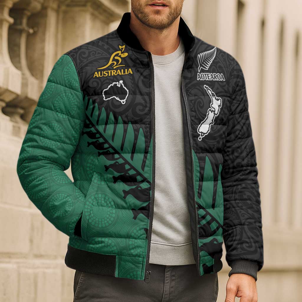 Australia New Zealand Rugby Bomber Puffer Jacket Green Aboriginal Wallabies and Maori Black Fern - Aussie Hoodie