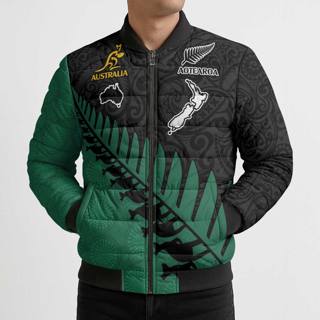 Australia New Zealand Rugby Bomber Puffer Jacket Green Aboriginal Wallabies and Maori Black Fern - Aussie Hoodie