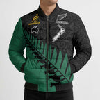 Australia New Zealand Rugby Bomber Puffer Jacket Green Aboriginal Wallabies and Maori Black Fern - Aussie Hoodie