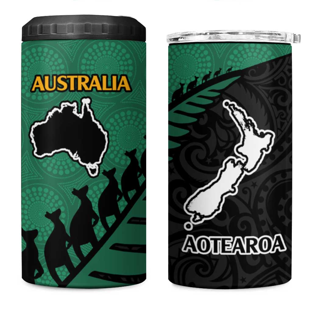 Australia New Zealand Rugby 4 in 1 Can Cooler Tumbler Green Aboriginal Wallabies and Maori Black Fern - Aussie Hoodie