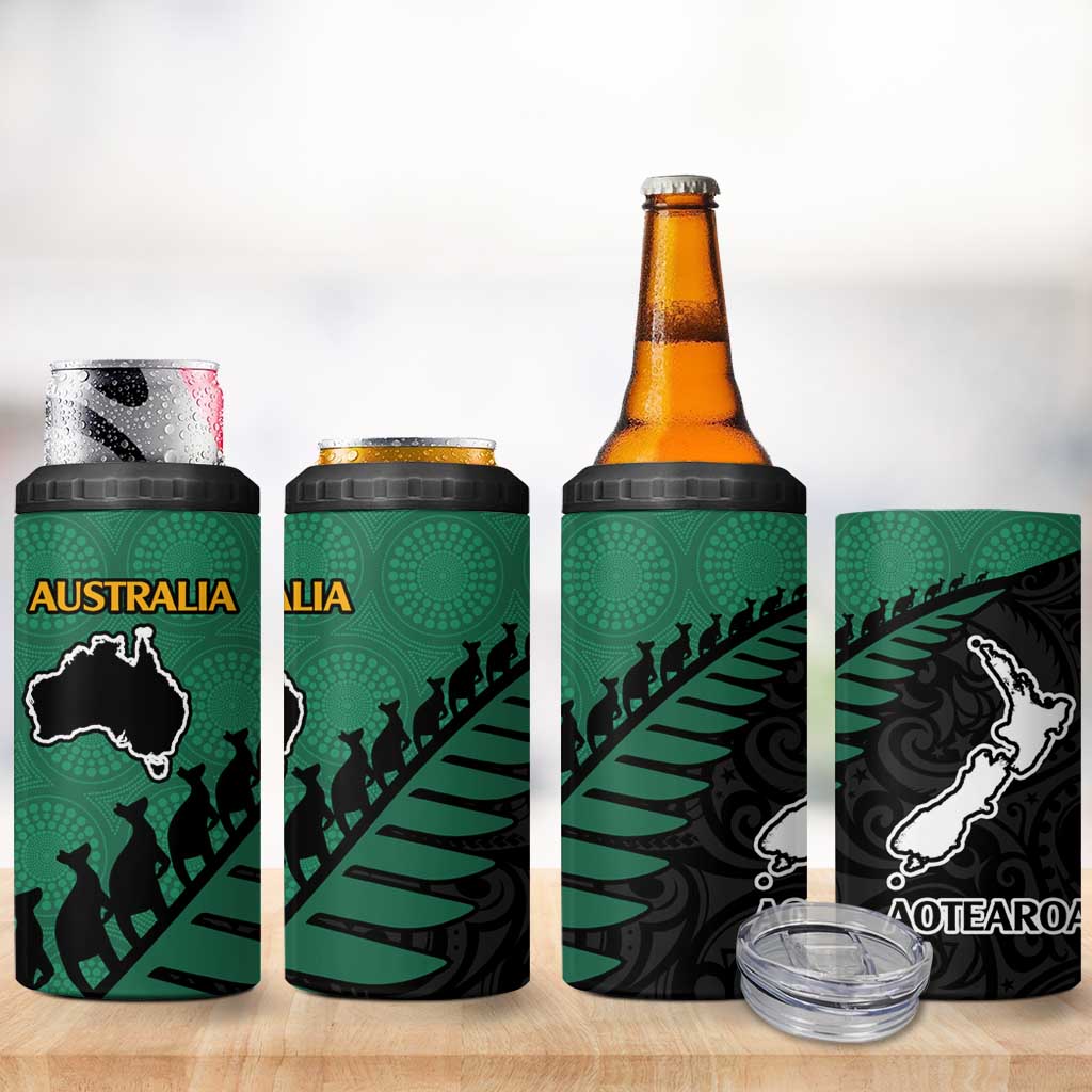 Australia New Zealand Rugby 4 in 1 Can Cooler Tumbler Green Aboriginal Wallabies and Maori Black Fern - Aussie Hoodie