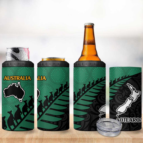 Australia New Zealand Rugby 4 in 1 Can Cooler Tumbler Green Aboriginal Wallabies and Maori Black Fern - Aussie Hoodie