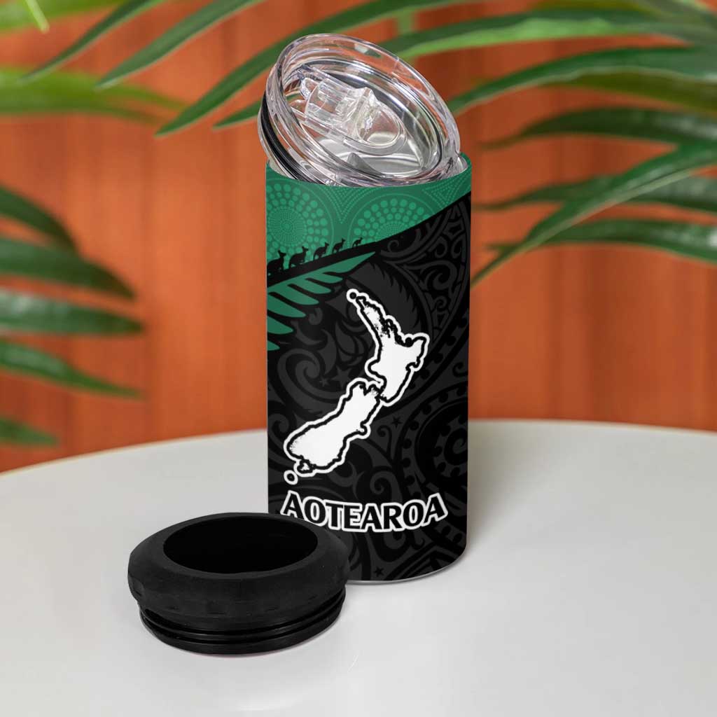 Australia New Zealand Rugby 4 in 1 Can Cooler Tumbler Green Aboriginal Wallabies and Maori Black Fern - Aussie Hoodie