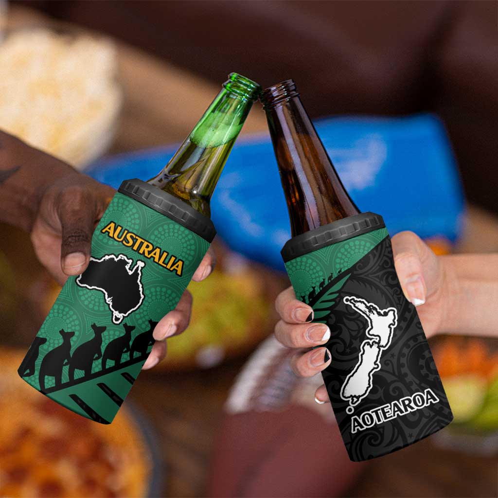 Australia New Zealand Rugby 4 in 1 Can Cooler Tumbler Green Aboriginal Wallabies and Maori Black Fern - Aussie Hoodie