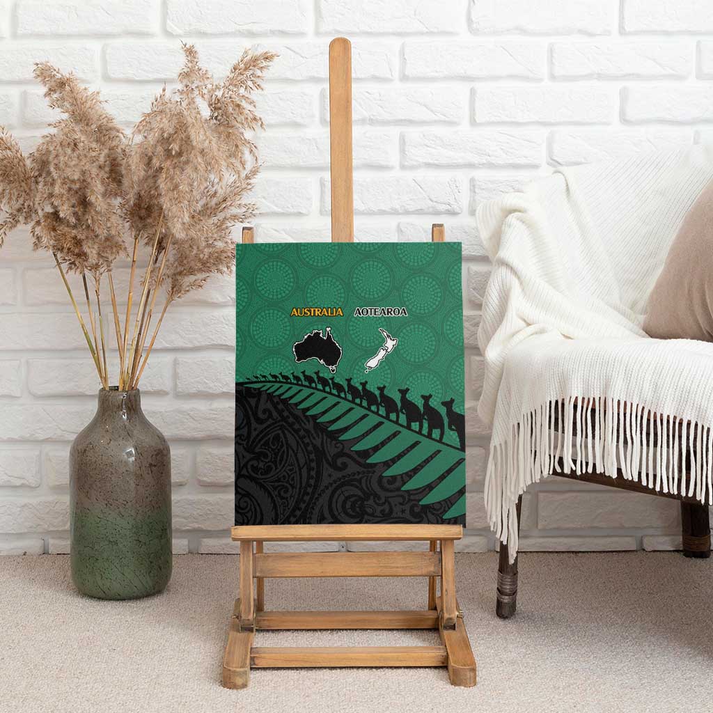 Australia New Zealand Rugby Canvas Wall Art Green Aboriginal Wallabies and Maori Black Fern - Aussie Hoodie