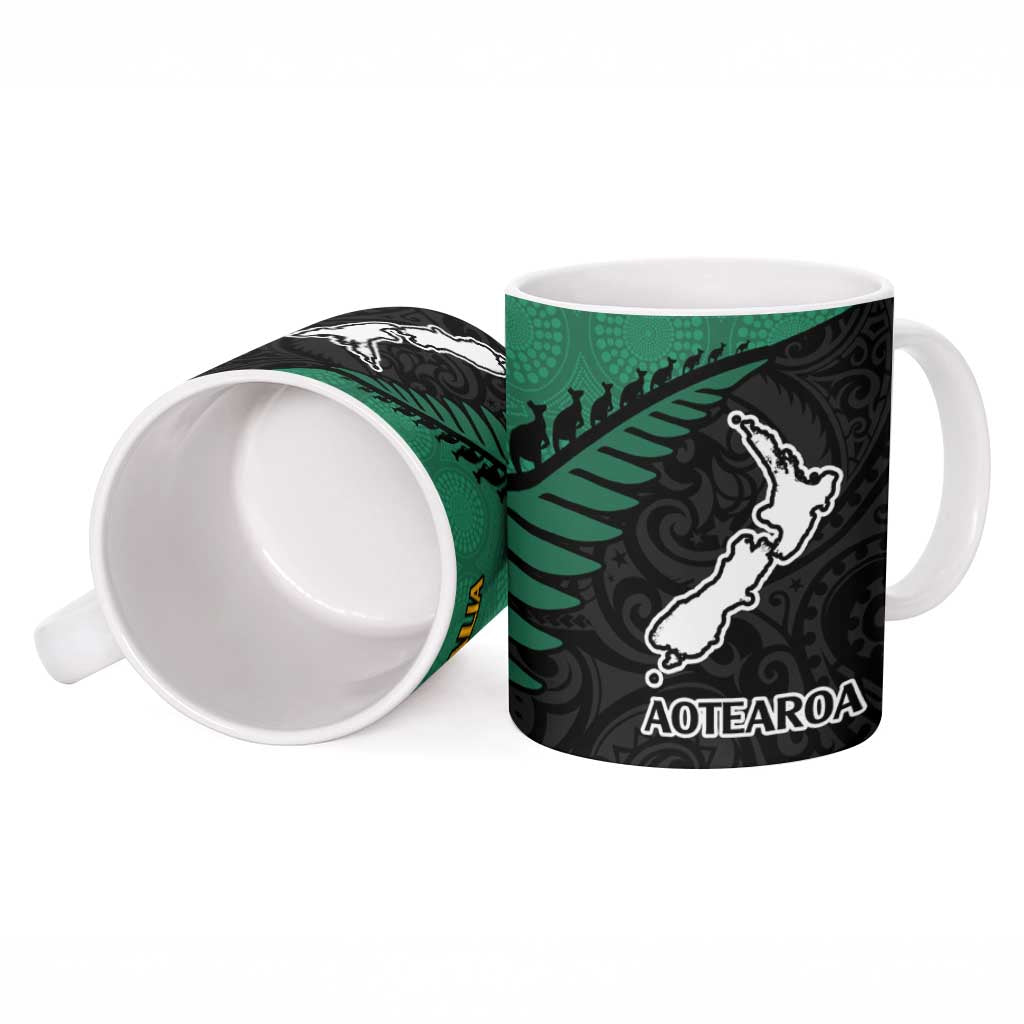 Australia New Zealand Rugby Ceramic Mug Green Aboriginal Wallabies and Maori Black Fern - Aussie Hoodie