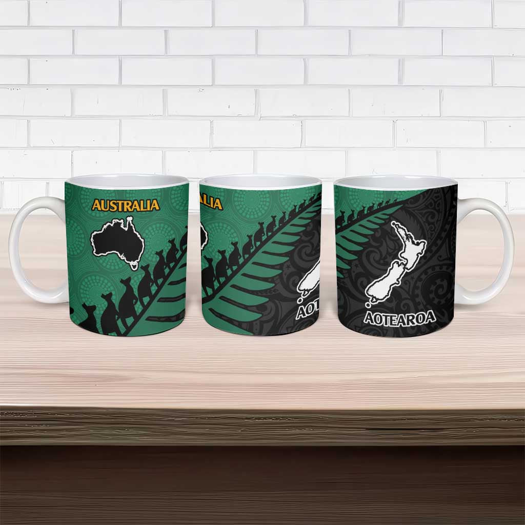 Australia New Zealand Rugby Ceramic Mug Green Aboriginal Wallabies and Maori Black Fern - Aussie Hoodie