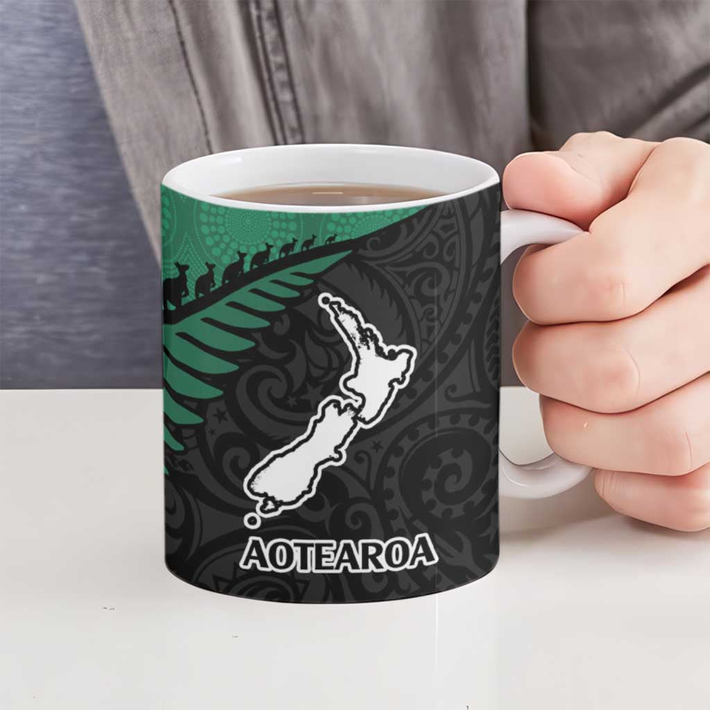 Australia New Zealand Rugby Ceramic Mug Green Aboriginal Wallabies and Maori Black Fern - Aussie Hoodie