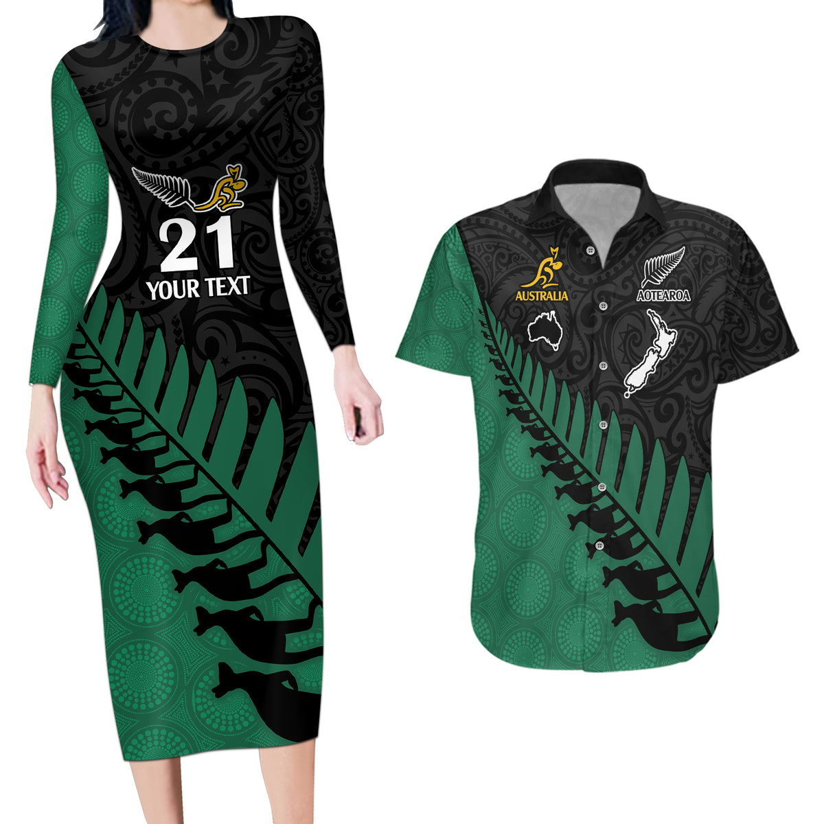 custom-australia-wallabies-and-aotearoa-rugby-couples-matching-long-sleeve-bodycon-dress-and-hawaiian-shirt-kangaroo-black-fern-maori-green-vibe