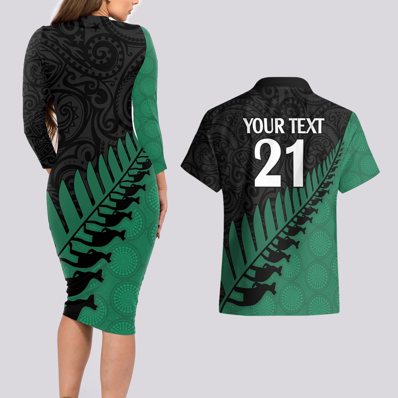 custom-australia-wallabies-and-aotearoa-rugby-couples-matching-long-sleeve-bodycon-dress-and-hawaiian-shirt-kangaroo-black-fern-maori-green-vibe