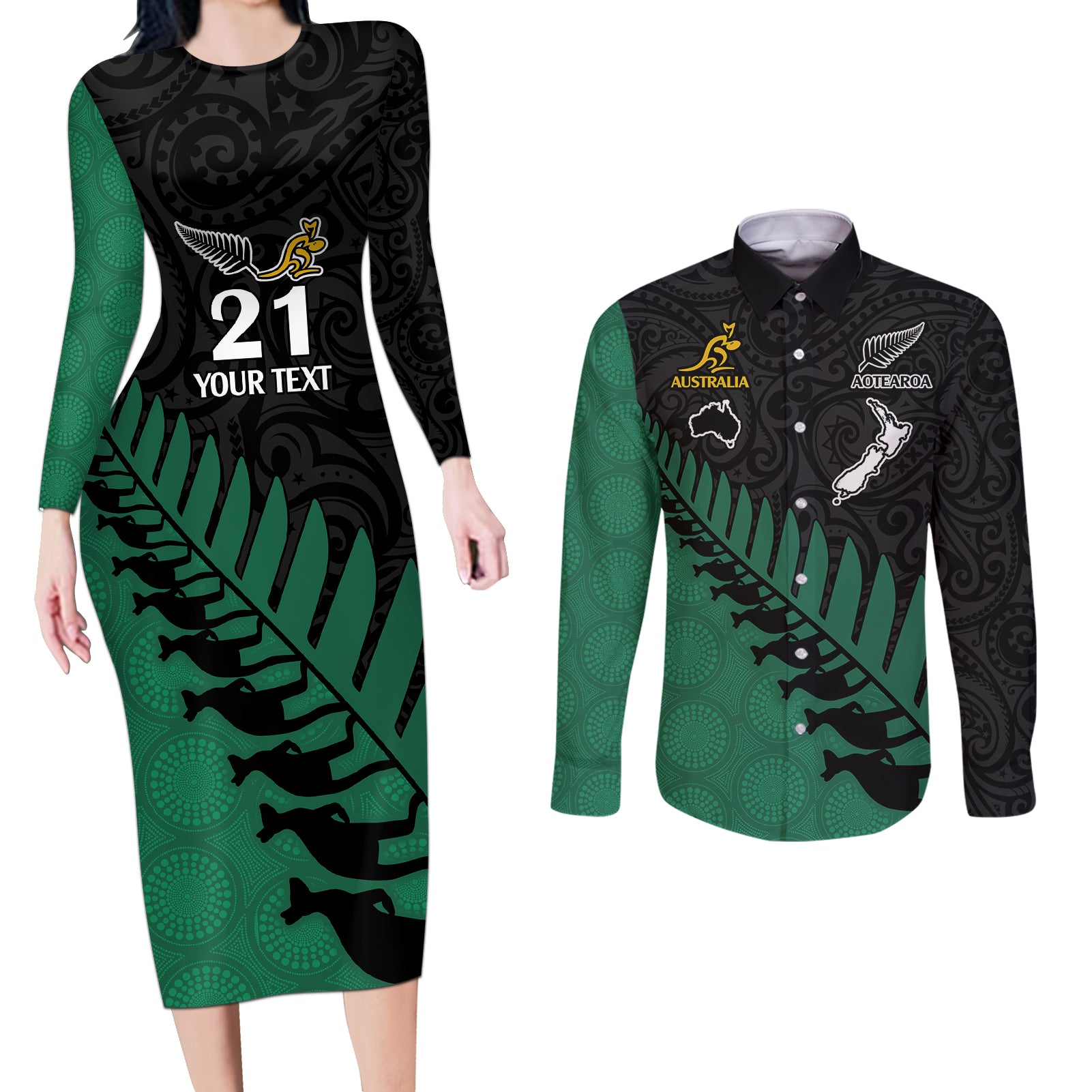 custom-australia-wallabies-and-aotearoa-rugby-couples-matching-long-sleeve-bodycon-dress-and-long-sleeve-button-shirts-kangaroo-black-fern-maori-green-vibe