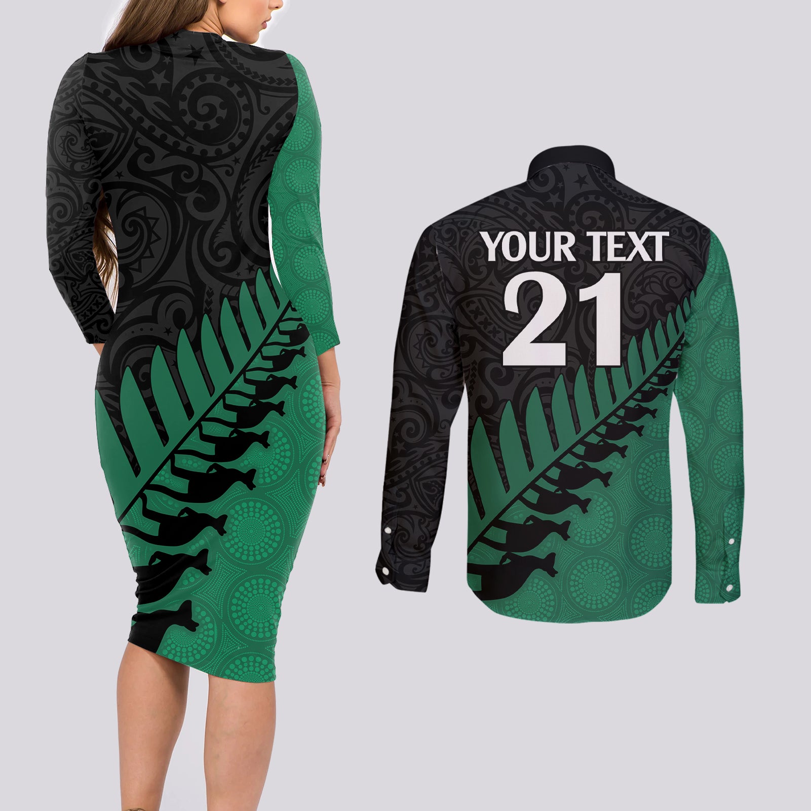custom-australia-wallabies-and-aotearoa-rugby-couples-matching-long-sleeve-bodycon-dress-and-long-sleeve-button-shirts-kangaroo-black-fern-maori-green-vibe