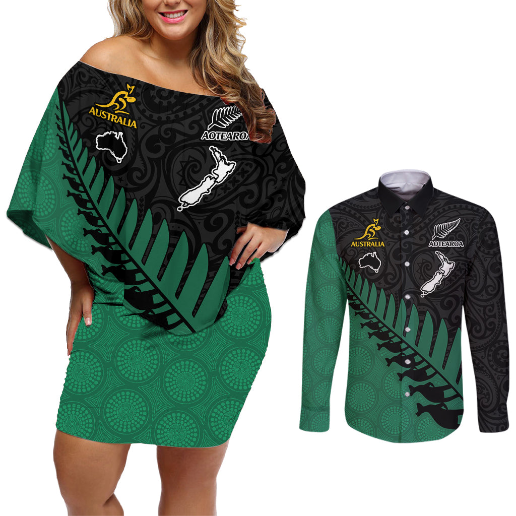 custom-australia-wallabies-and-aotearoa-rugby-couples-matching-off-shoulder-short-dress-and-long-sleeve-button-shirts-kangaroo-black-fern-maori-green-vibe