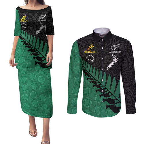 custom-australia-wallabies-and-aotearoa-rugby-couples-matching-puletasi-dress-and-long-sleeve-button-shirts-kangaroo-black-fern-maori-green-vibe