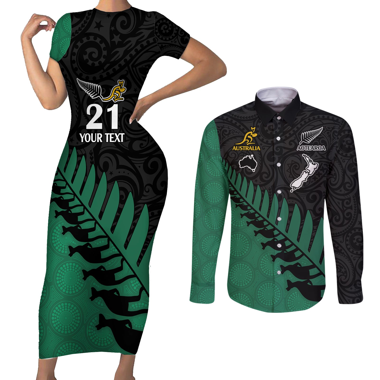 custom-australia-wallabies-and-aotearoa-rugby-couples-matching-short-sleeve-bodycon-dress-and-long-sleeve-button-shirts-kangaroo-black-fern-maori-green-vibe