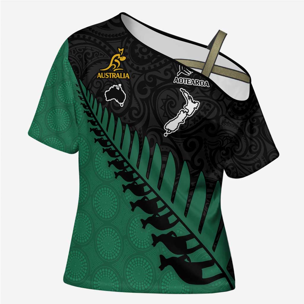 Australia New Zealand Rugby Cross Shoulder Shirt Green Aboriginal Wallabies and Maori Black Fern - Aussie Hoodie