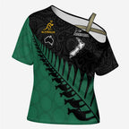 Australia New Zealand Rugby Cross Shoulder Shirt Green Aboriginal Wallabies and Maori Black Fern - Aussie Hoodie