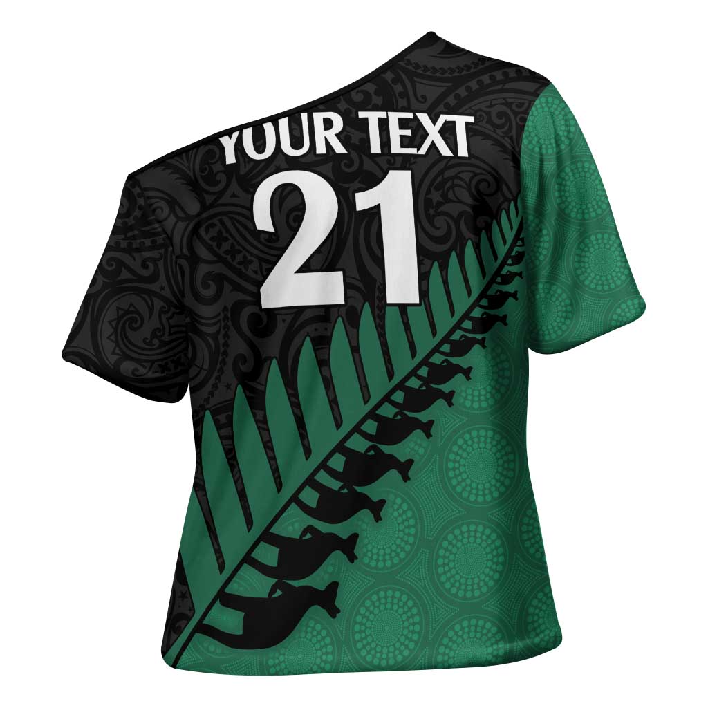 Australia New Zealand Rugby Cross Shoulder Shirt Green Aboriginal Wallabies and Maori Black Fern - Aussie Hoodie