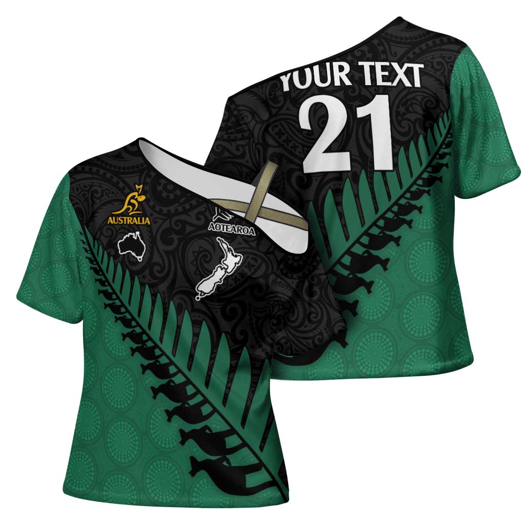Australia New Zealand Rugby Cross Shoulder Shirt Green Aboriginal Wallabies and Maori Black Fern - Aussie Hoodie