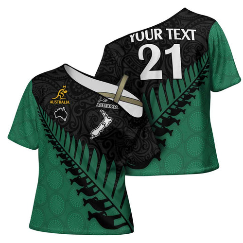 Australia New Zealand Rugby Cross Shoulder Shirt Green Aboriginal Wallabies and Maori Black Fern - Aussie Hoodie