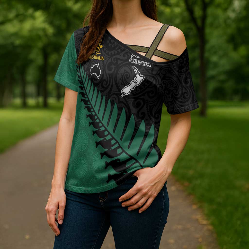 Australia New Zealand Rugby Cross Shoulder Shirt Green Aboriginal Wallabies and Maori Black Fern - Aussie Hoodie