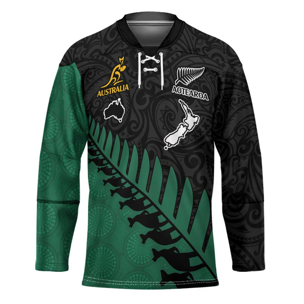 Australia New Zealand Rugby Hockey Jersey Green Aboriginal Wallabies and Maori Black Fern - Aussie Hoodie