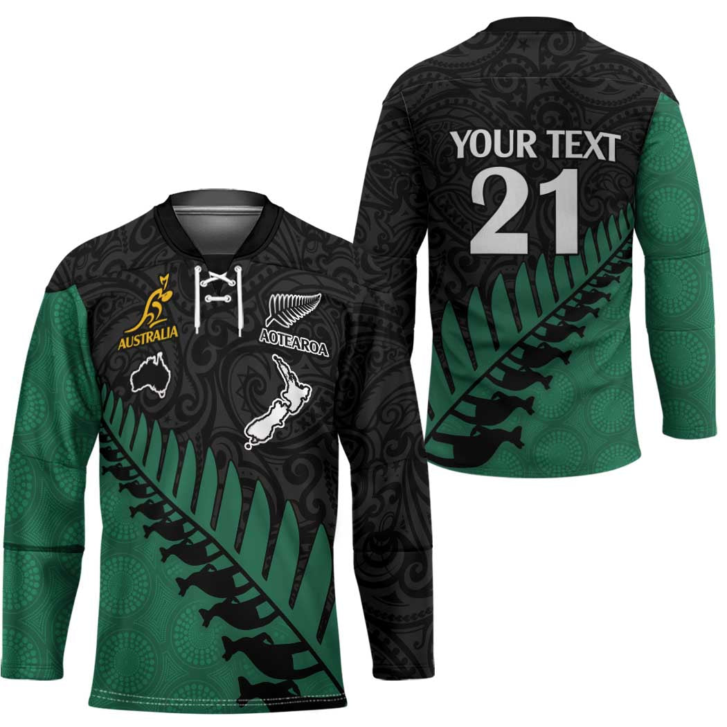Australia New Zealand Rugby Hockey Jersey Green Aboriginal Wallabies and Maori Black Fern - Aussie Hoodie